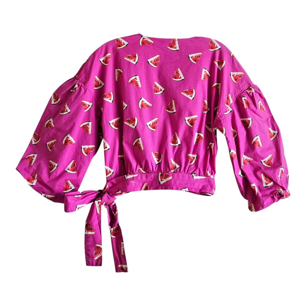 COLOR ME COURTNEY Women S Wrap Blouse Top Pink Cropped Watermelon Print 36" Bust - Picture 6 of 6